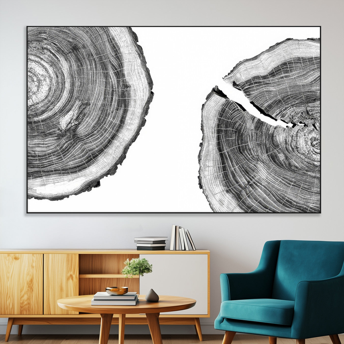 52770-MGV-CV-36X24-Abstract Large Tree Rings – Minimalist Black and White Wood Art | Triptych Canvas, Modern Wall Decor
