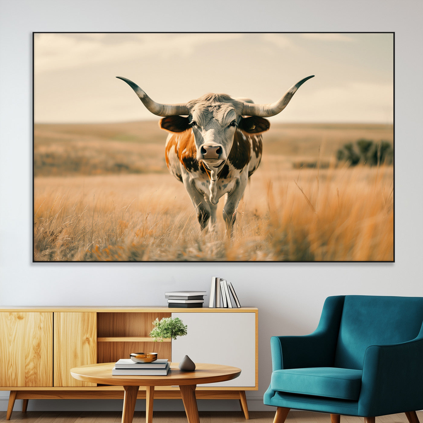 16580-MGV-CV-36X24-Texas Cow Longhorn Wall Art Canvas Print for Farm House Wall Decor, Farmhouse Cow Print Canvas Wall