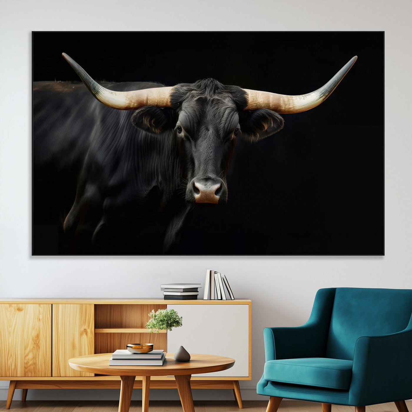 -Black Bull Wall Art – Majestic Longhorn Canvas Print with Dark Background, Rustic Western Farmhouse Decor for Living Room or Office