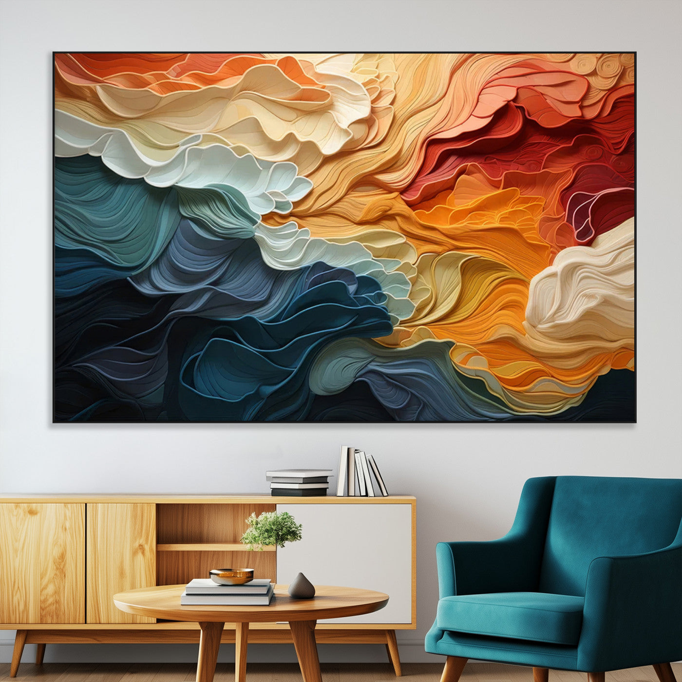 31634-MGV-CV-36X24-Blue Orange Abstract Wave Wall Art Canvas Print, Framed Blue Orange Wave Wall Art