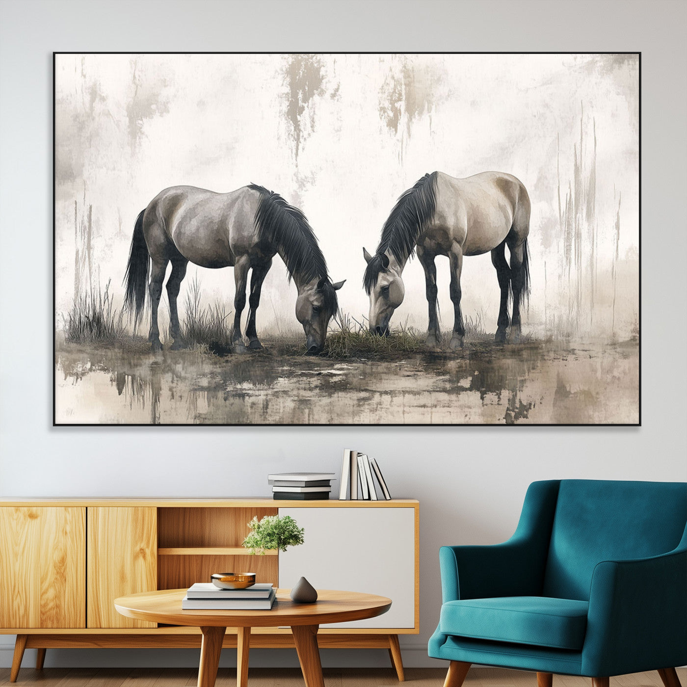 -Chines Ink Style Vintage Horses Wall Art Canvas Print for Farmhouse Wall Decor