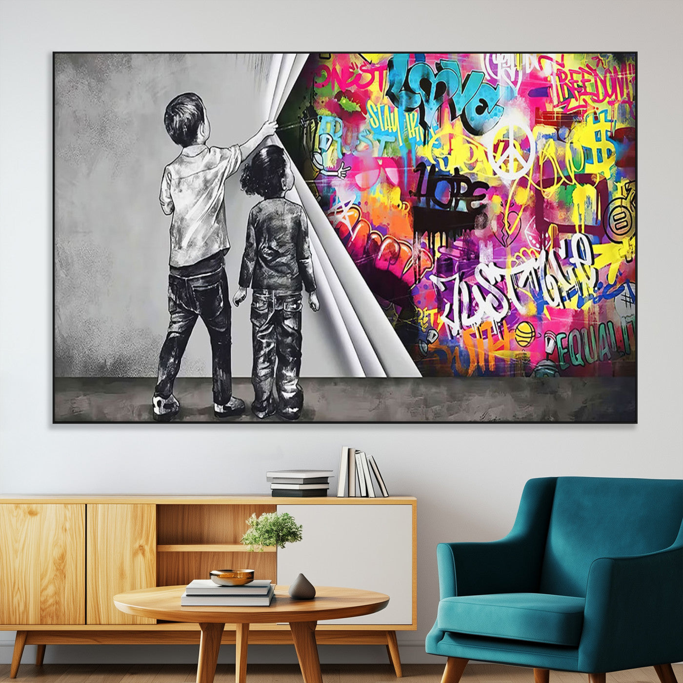 92809-MGV-CV-36X24-Banksy Print - Street Art Canvas Wall Art - Kids Revealing Graffiti, Urban Modern Decor for Living