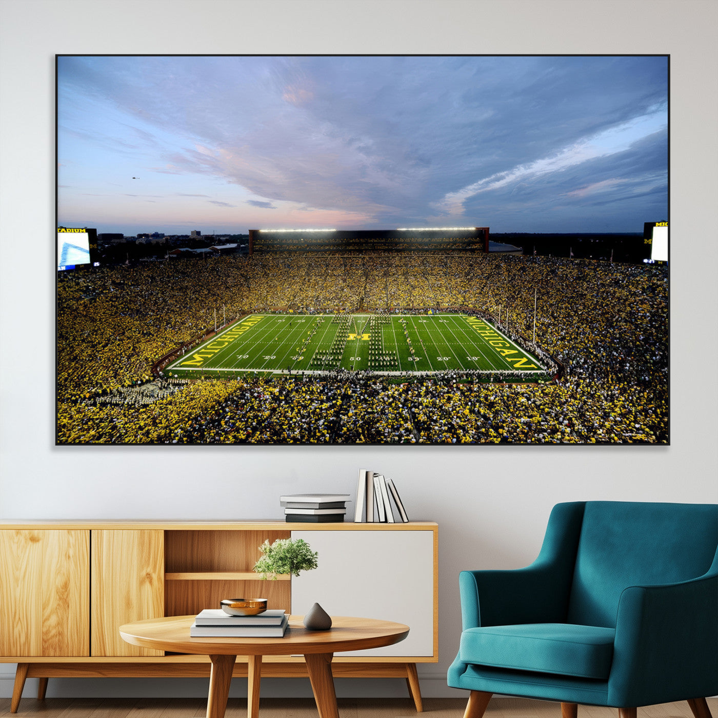 82641-MGV-CV-36X24-Michigan Stadium Wall Art Canvas Print – Framed Football Field Scene with Marching Band Artwork for Home, Office