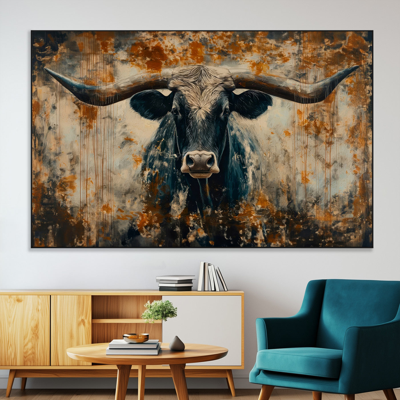 -Longhorn Wall Art – Rustic Western Bull Canvas Print, Modern Farmhouse Animal Decor for Living Room, Office, or Ranch House