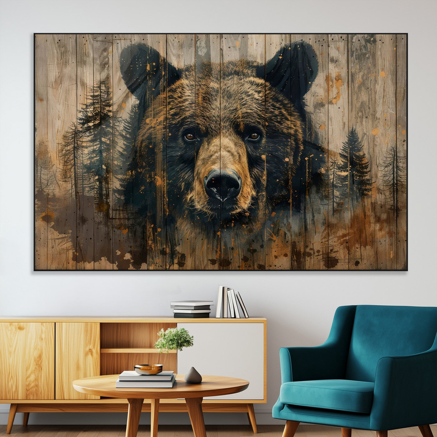 51373-MGV-CV-36X24-Abstract 399 Bear Wall Art | Rustic Cabin Wall Decor with Forest Design | Framed and Ready to Hang |