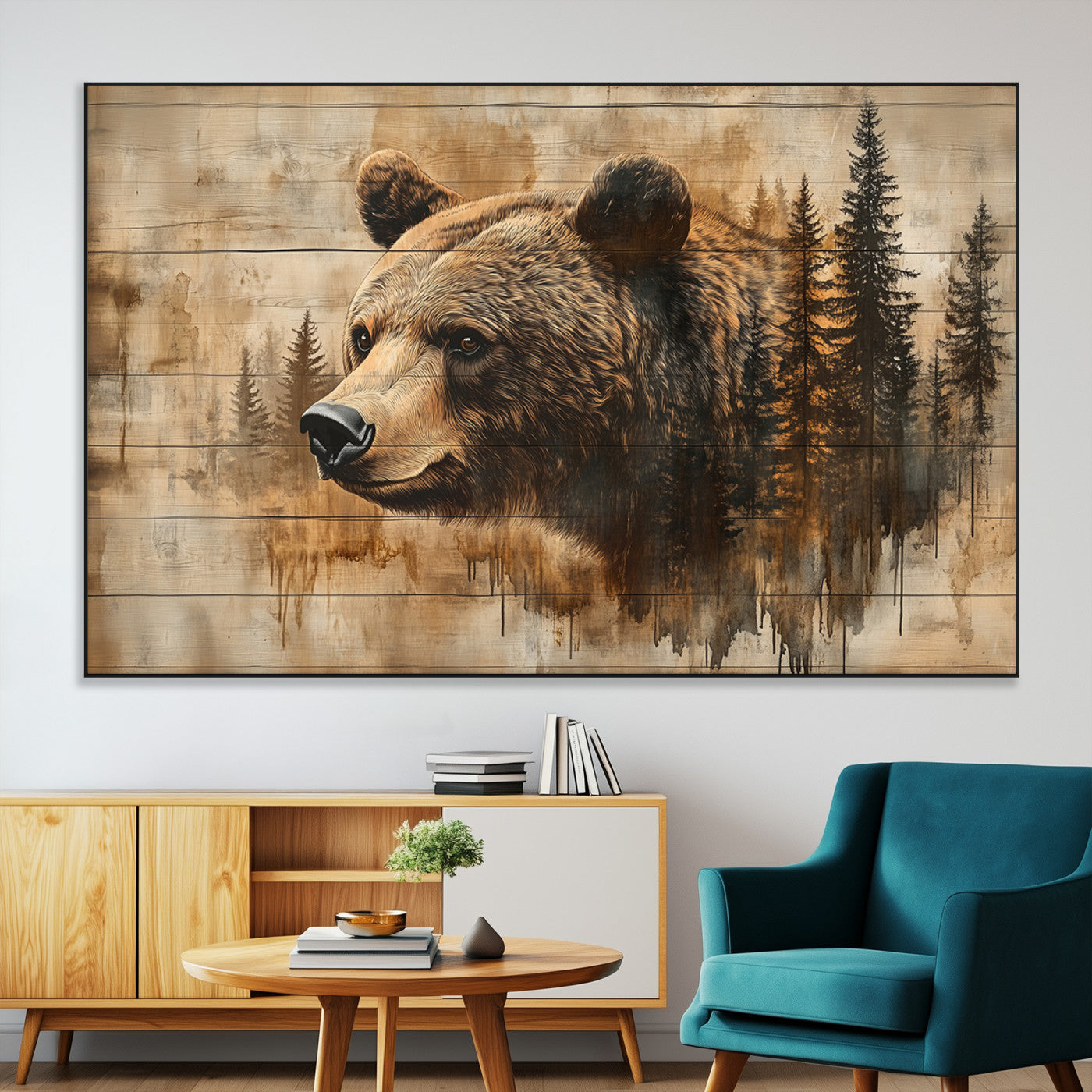 -Rustic Grizzly Bear Wall Art, Abstract Grizzly 399 Bear Wall Art Canvas Print - Woodland Wildlife
