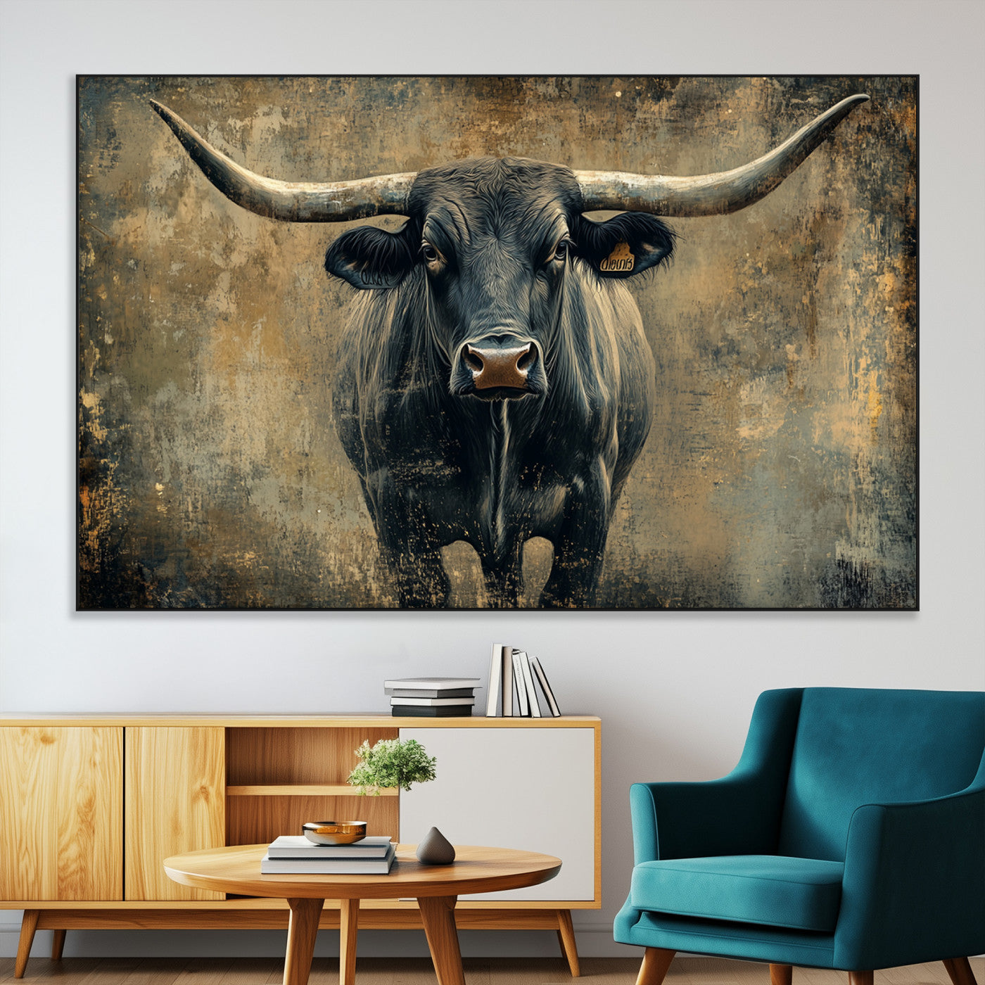 -Texas Longhorn Bull Wall Art – Framed Rustic Cow Canvas Print, Western Farmhouse Decor Artwork for Living Room or Office