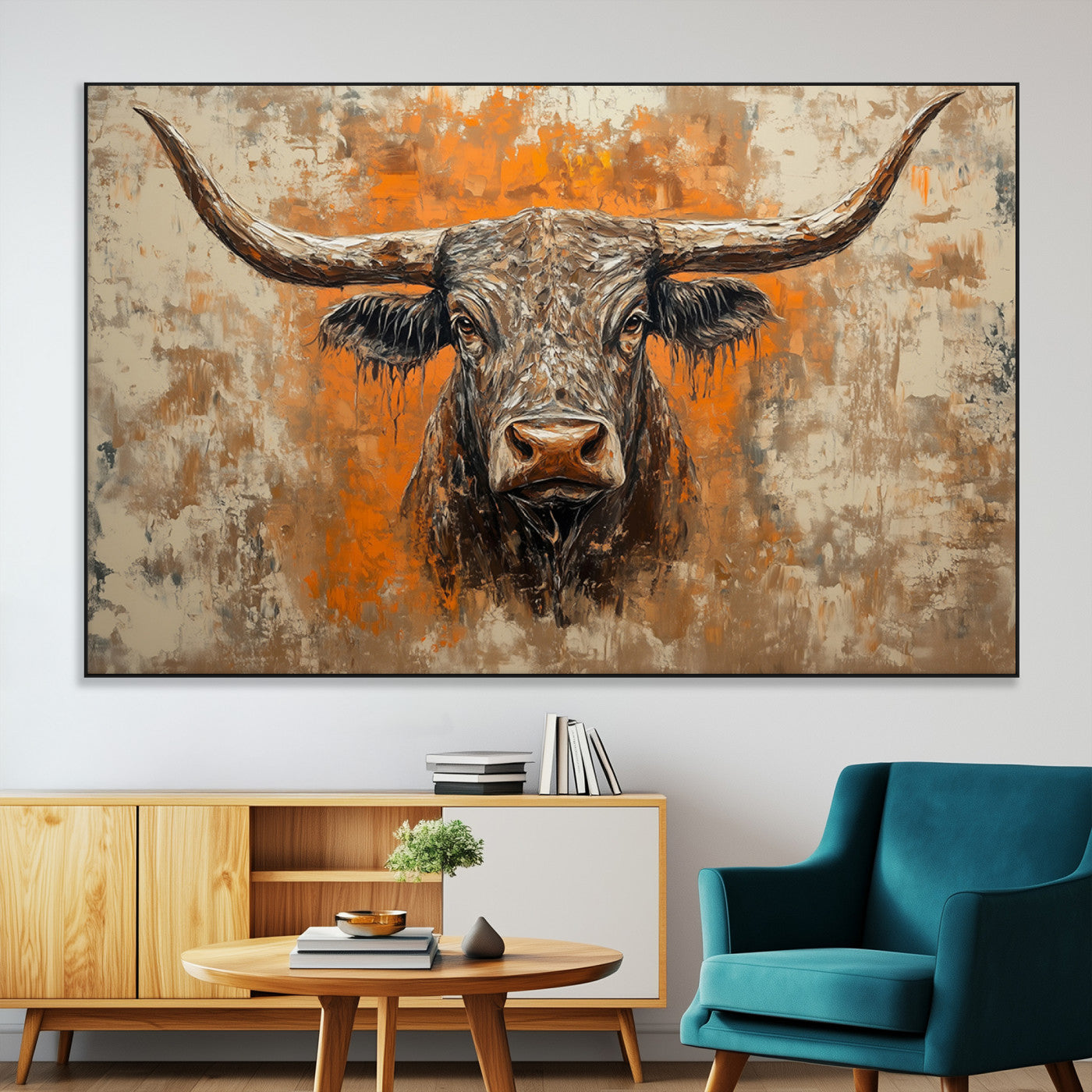 -Abstract Cow Longhorn Bull Wall Art Canvas Print - Rustic Texas Western Cattle Artwork