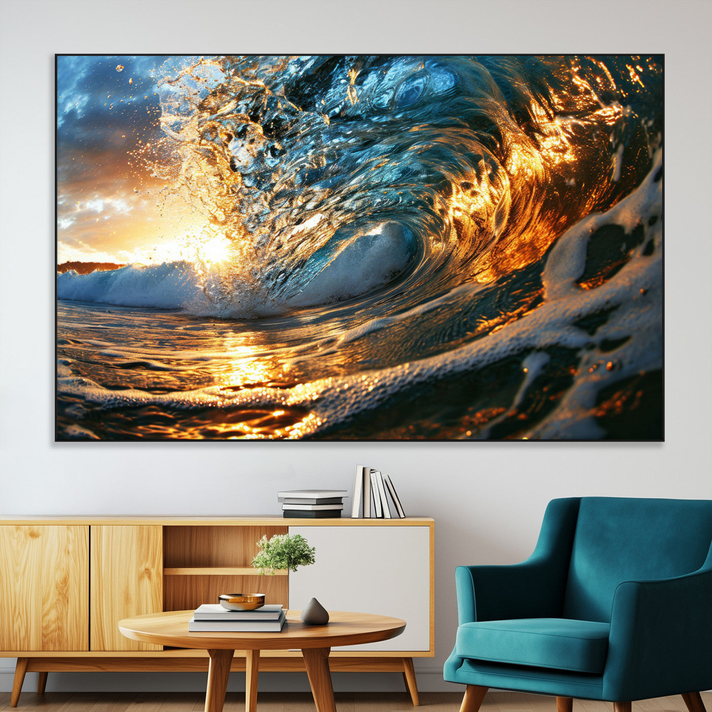 41370-MGV-CV-36X24-Ocean Wave at Sunset Canvas Wall Art – Vibrant Coastal Beach Waves Print, Large Nautical Decor,