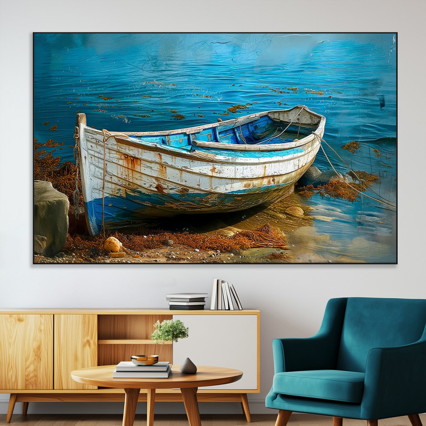 54716-MGV-CV-36X24-Vintage Boat on Tranquil Waters | Coastal Wall Art for Nautical Decor | Rustic Triptych Canvas Print