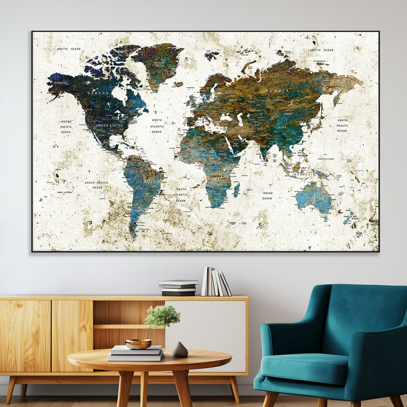 89176-MGV-CV-36X24-Vintage Blue and Brown World Map Canvas Wall Art – Framed Rustic Map Print, Earth Tone Travel Decor for Stylish Home and Office Walls