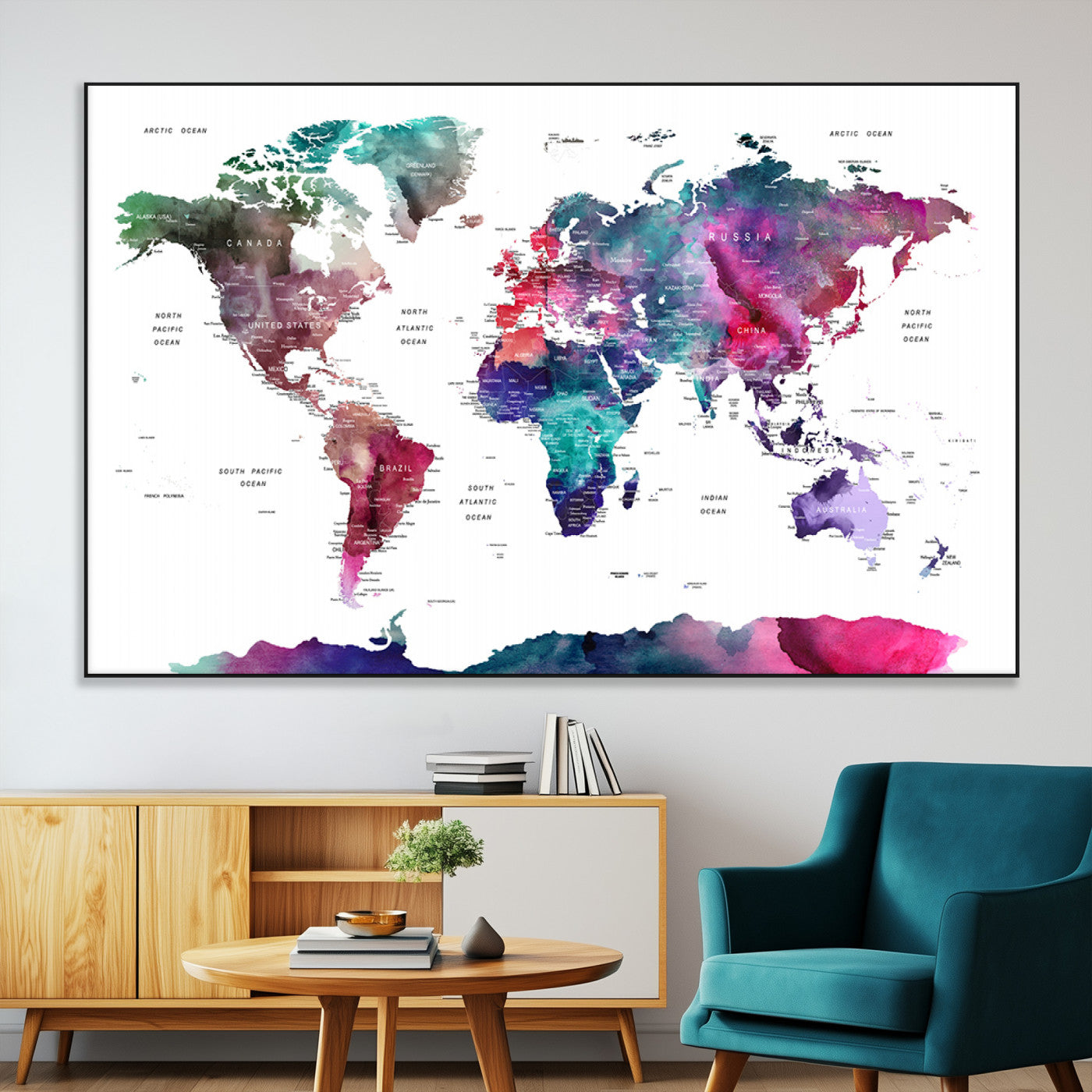 78176-MGV-CV-36X24-Colorful Watercolor World Map Canvas Wall Art – Framed Modern Map Print, Vibrant Travel Inspired Artwork for Home and Office Decor