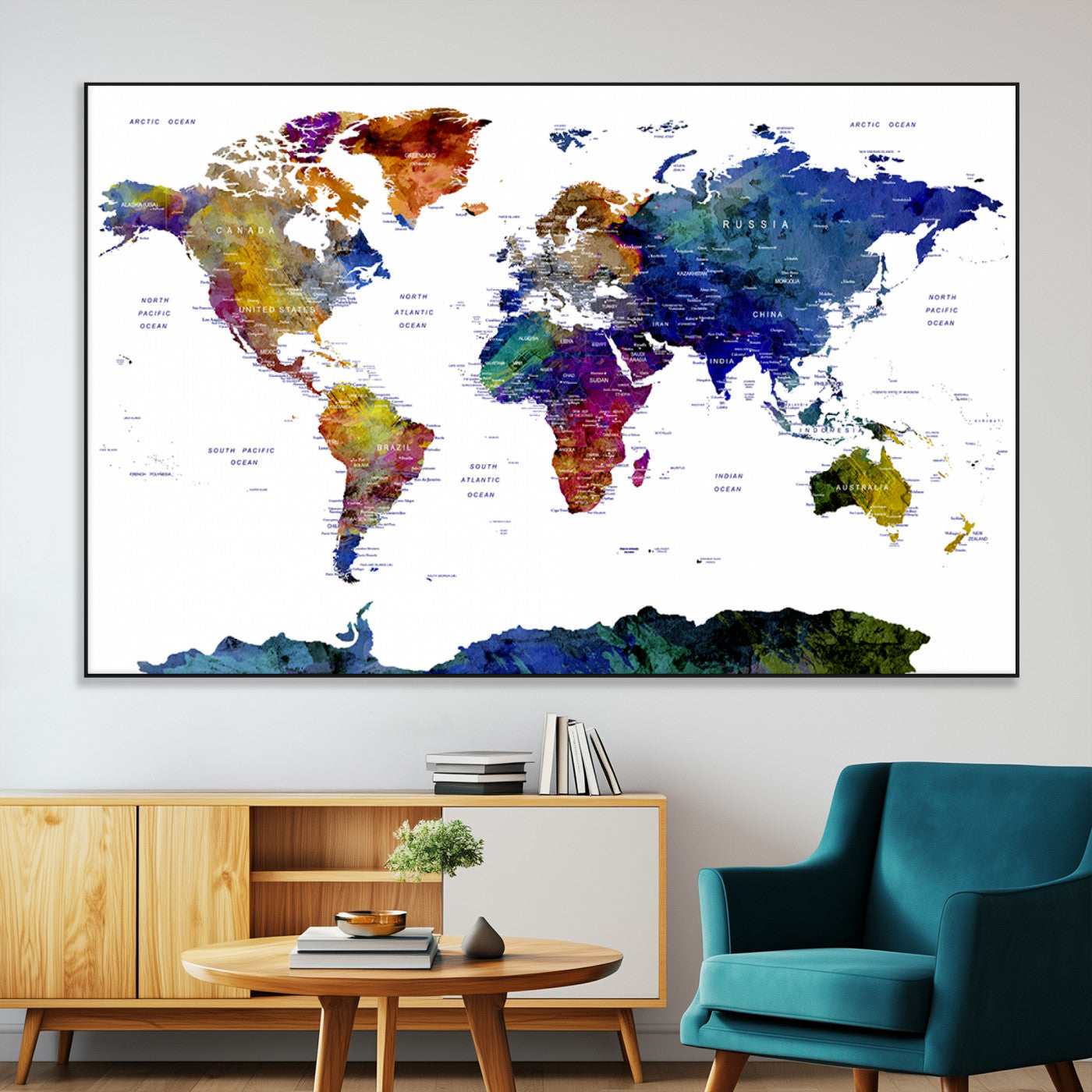 90446-MGV-CV-36X24-Colorful Watercolor World Map Canvas Wall Art – Framed Modern Push Pin Travel Map for Home and Office Decor