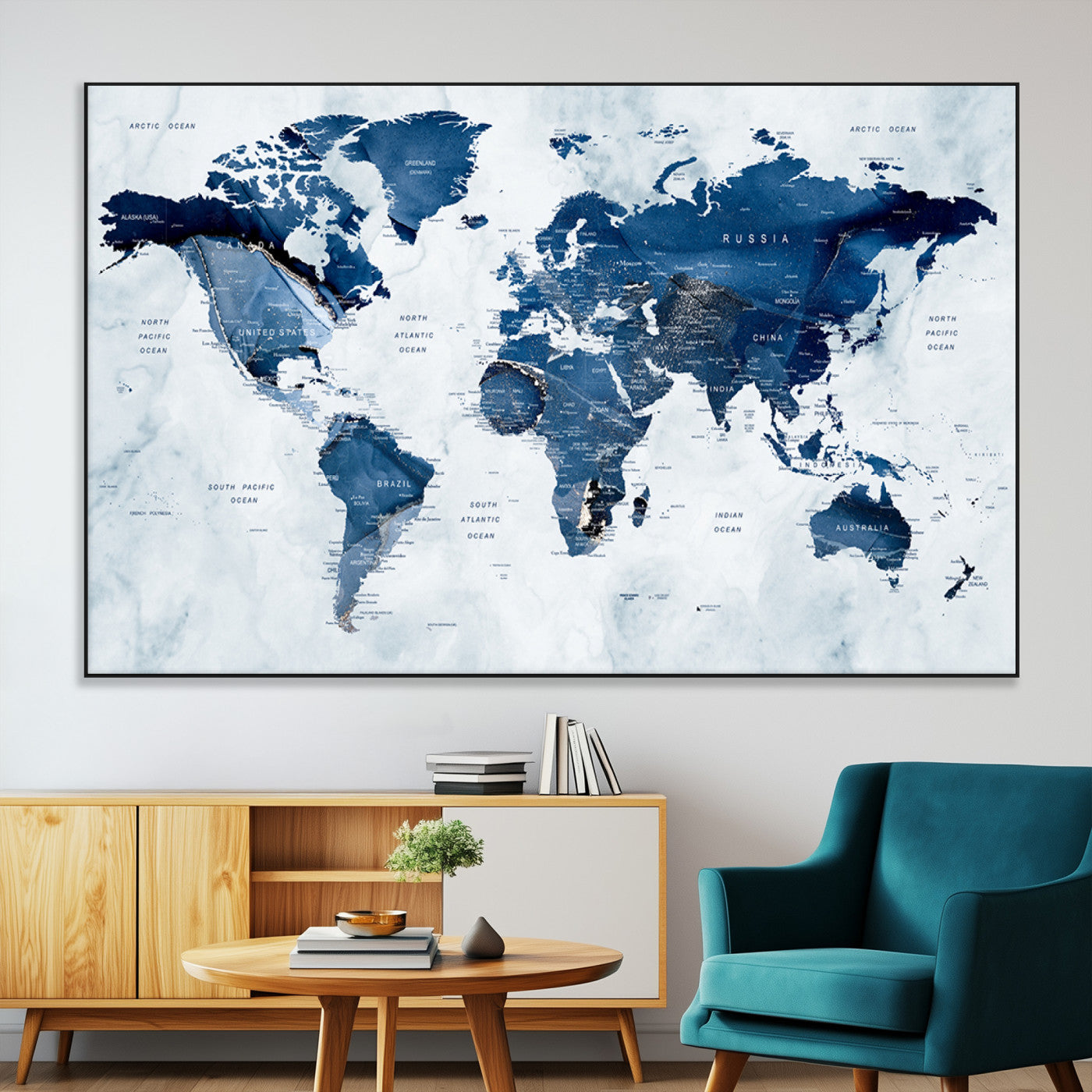 88266-MGV-CV-36X24-Modern Blue Marble World Map Canvas Print – Framed Push Pin Wall Art, Elegant Travel Map Artwork for Home Office or Living Room Decor