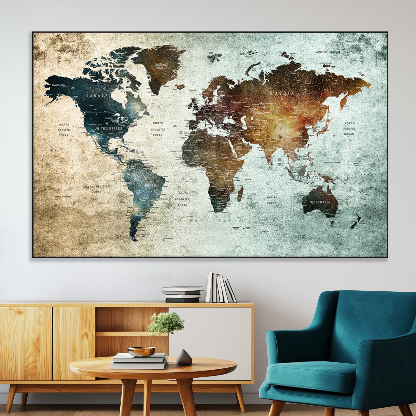 25140-MGV-CV-36X24-World Map Canvas Print – Framed Vintage Style Push Pin Wall Art, Elegant Travel Map Decor for Home or Office