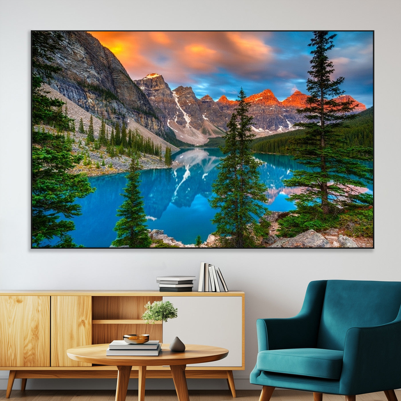 -Canadian Rockies Moraine Lake Wall Art Canvas Print, Pine Trees Mountain Spring Canvas Print