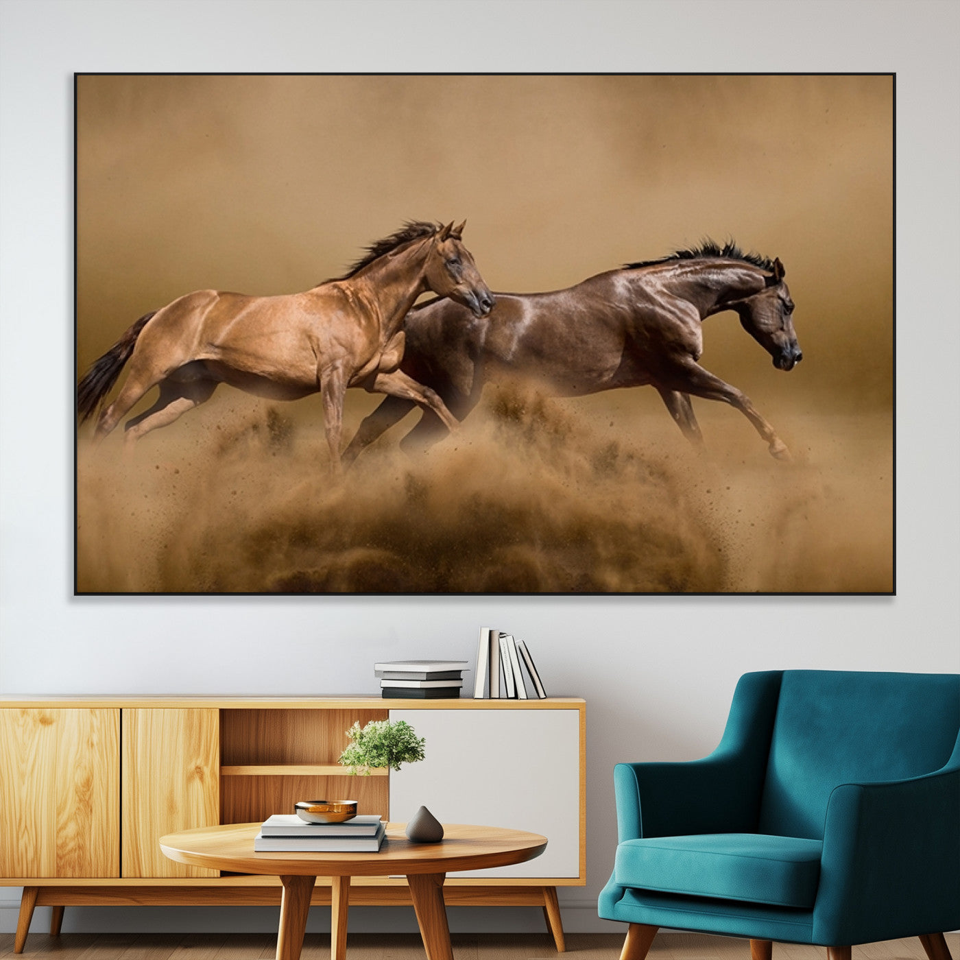 53721-MGV-CV-36X24-Large Wall Art Canvas Print – Two Running Brown Horses Motion Animal Artwork for Home, Office, Living Room Decor