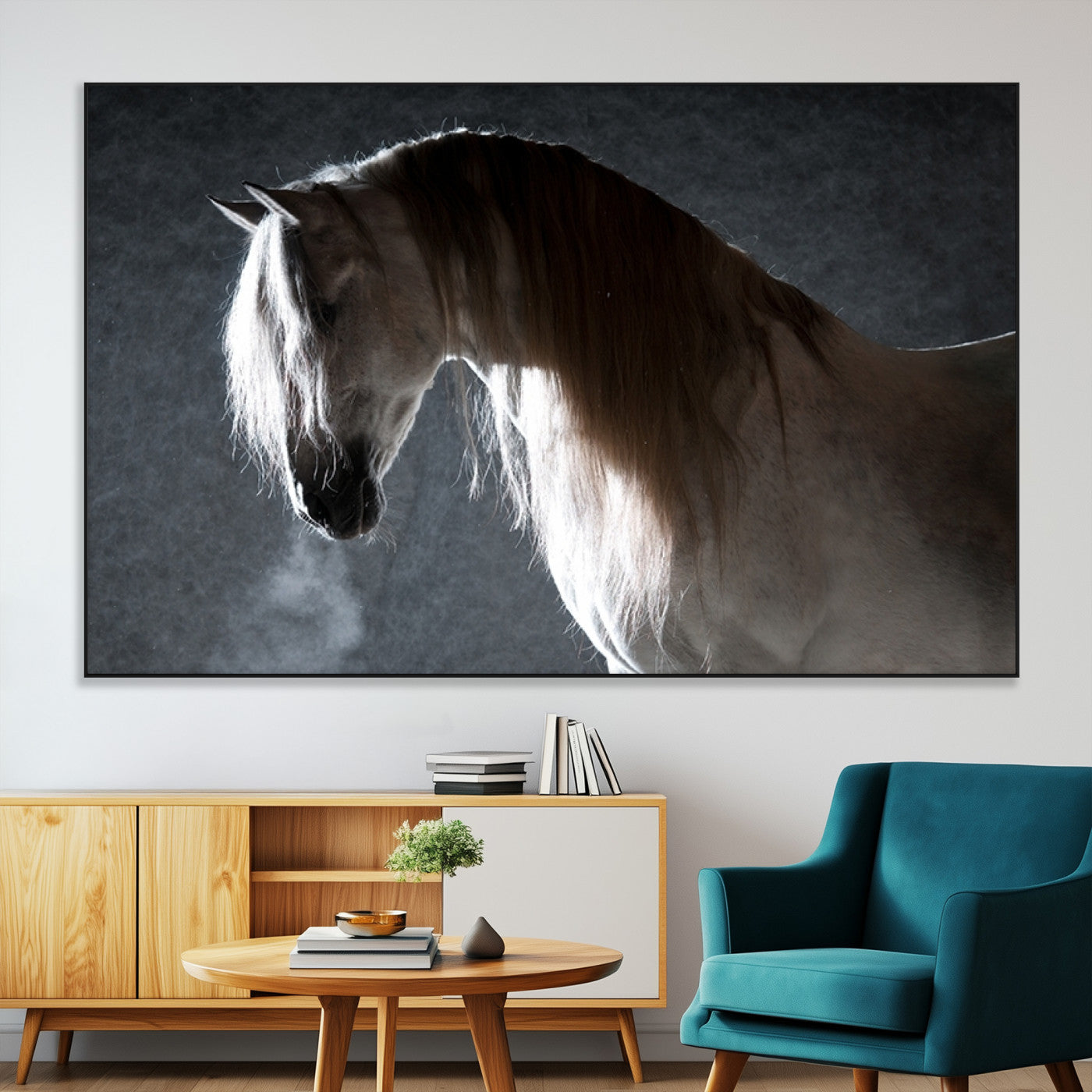 -Large Wall Art Cream Colored Horse on Grey Background Canvas Print