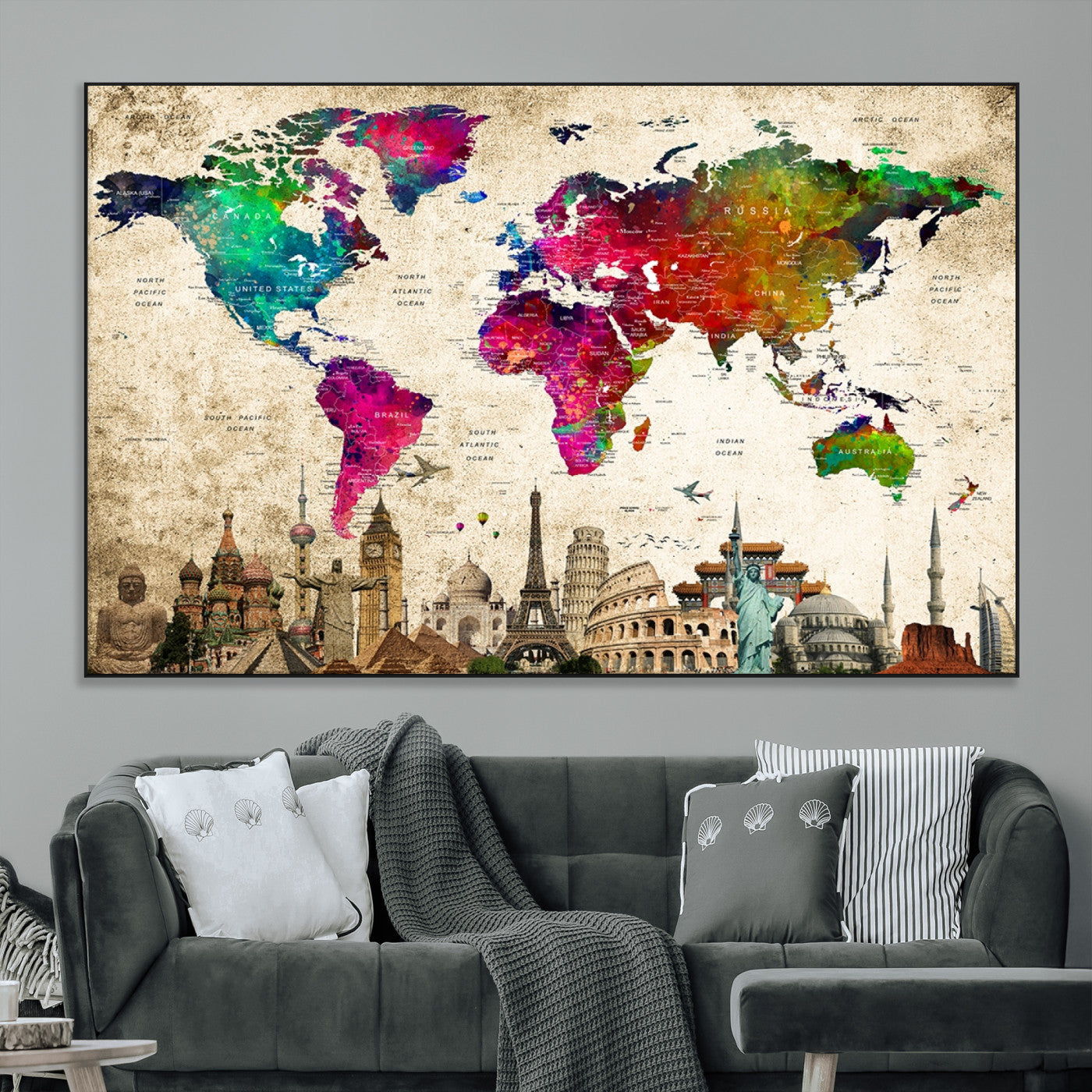 18765-MGV-CV-36X24-Push Pin World Map Canvas Print – Travel Tracker Wall Art for Couples, Perfect Anniversary Gift for Home or Office Decor