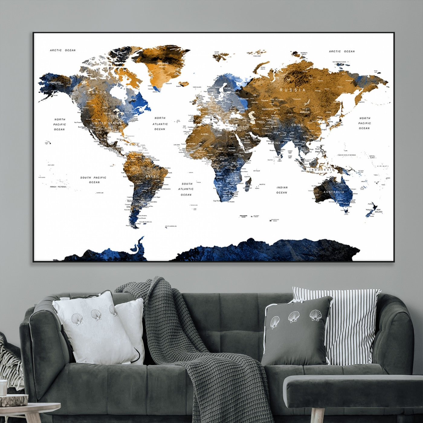 56231-MGV-CV-36X24-Navy and Gold World Map Canvas Wall Art – Framed Modern World Map Print, Elegant Travel Inspired Artwork for Home and Office Decor