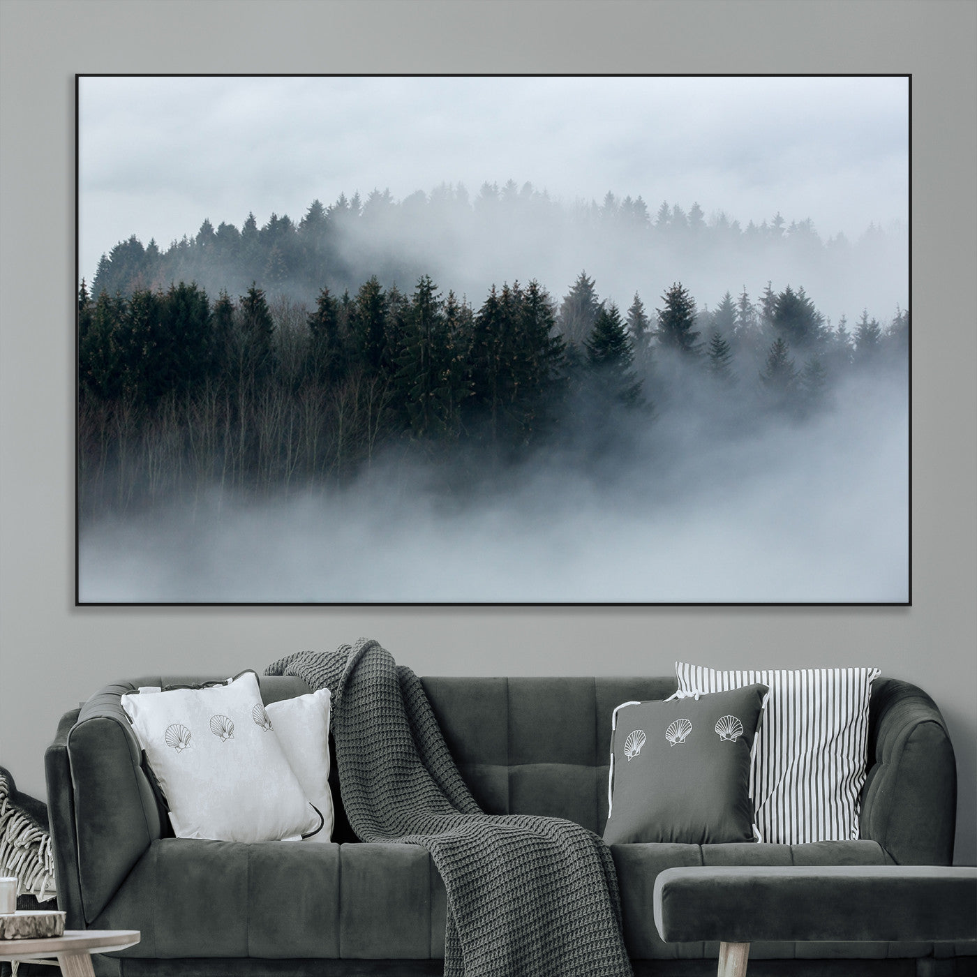 -Autumn and Misty Trees in the Forest Wall Art Canvas Print, Foggy Forest Mountain Wall Art Canvas