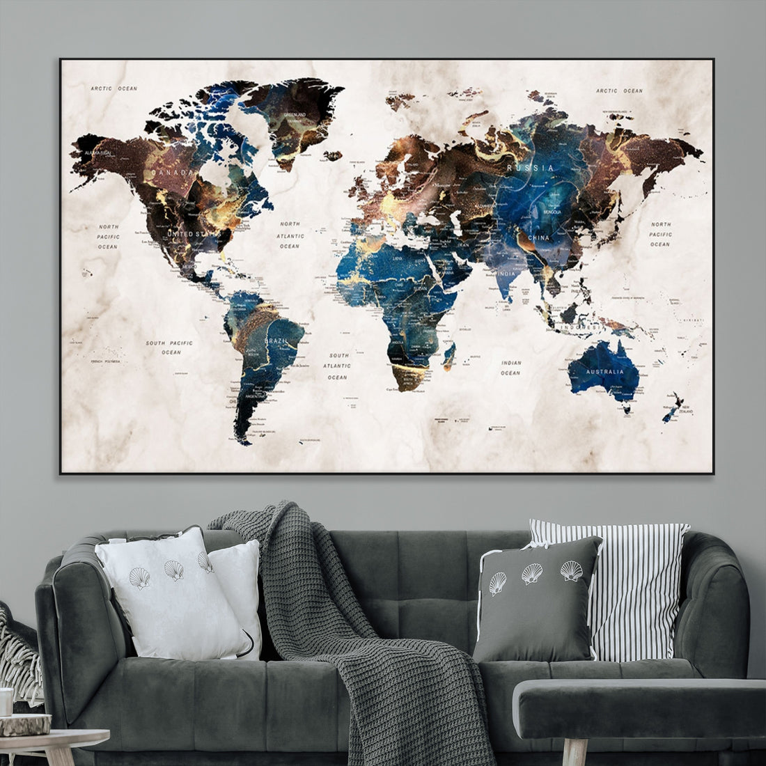 Abstract Earth Tone Blue World Map Canvas Print | Framed Travel Map Wall Art