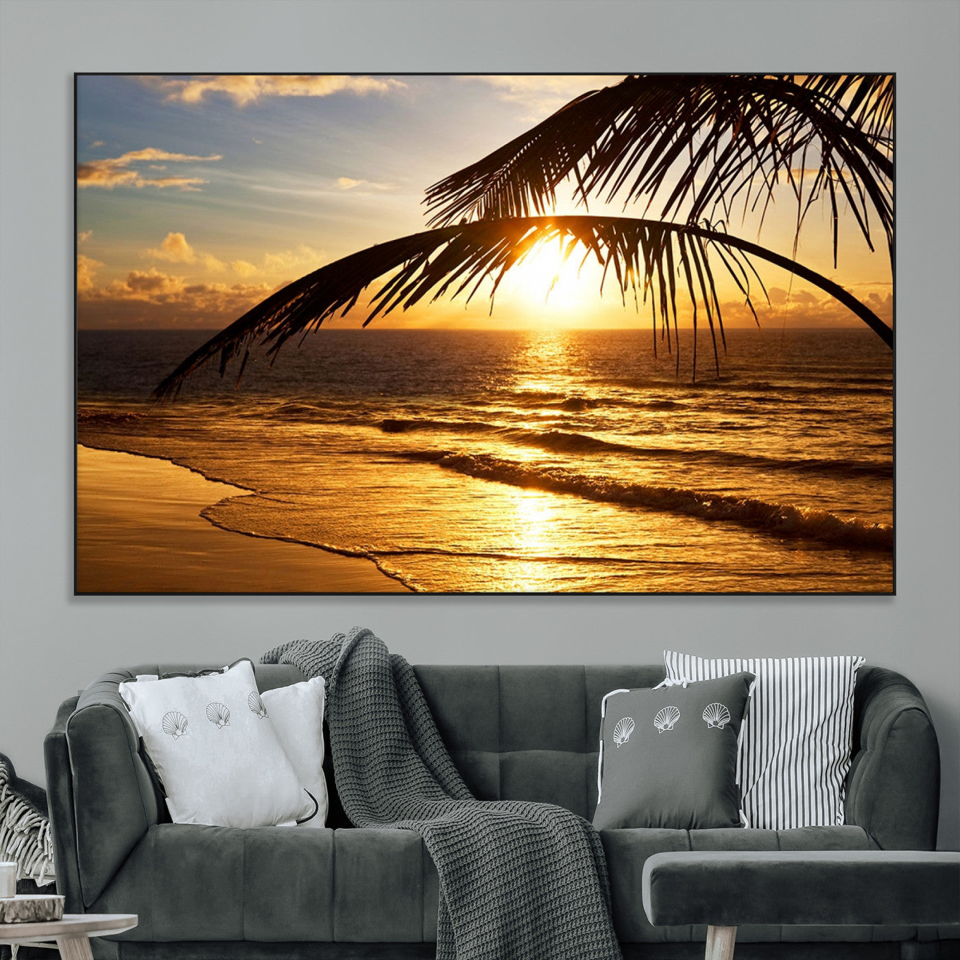 -Golden Tropical Beach Sunset Canvas Triptych, Coastal Palm Tree Wall Art, Ocean Shoreline Giclee