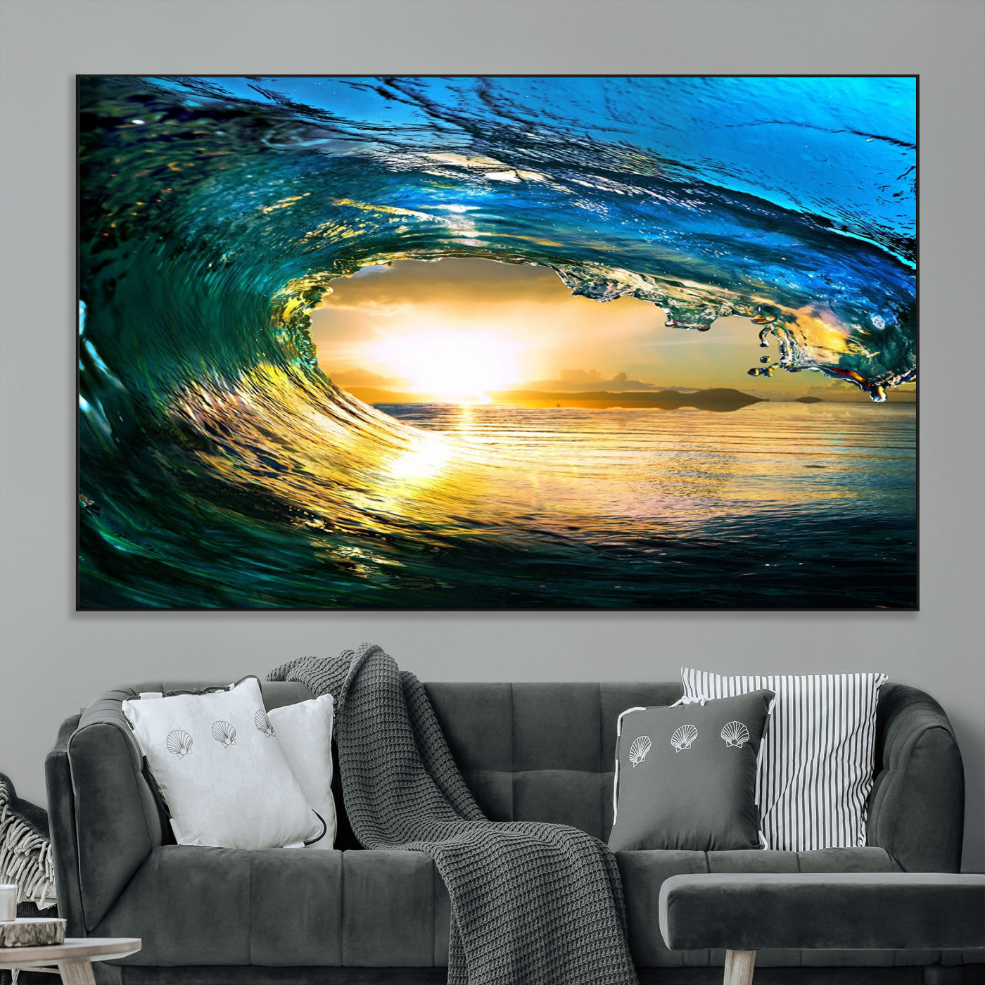 -Ocean Wave at Sunset Canvas Art, Large Wall Print of Vibrant Water Waves, Coastal Art for Living