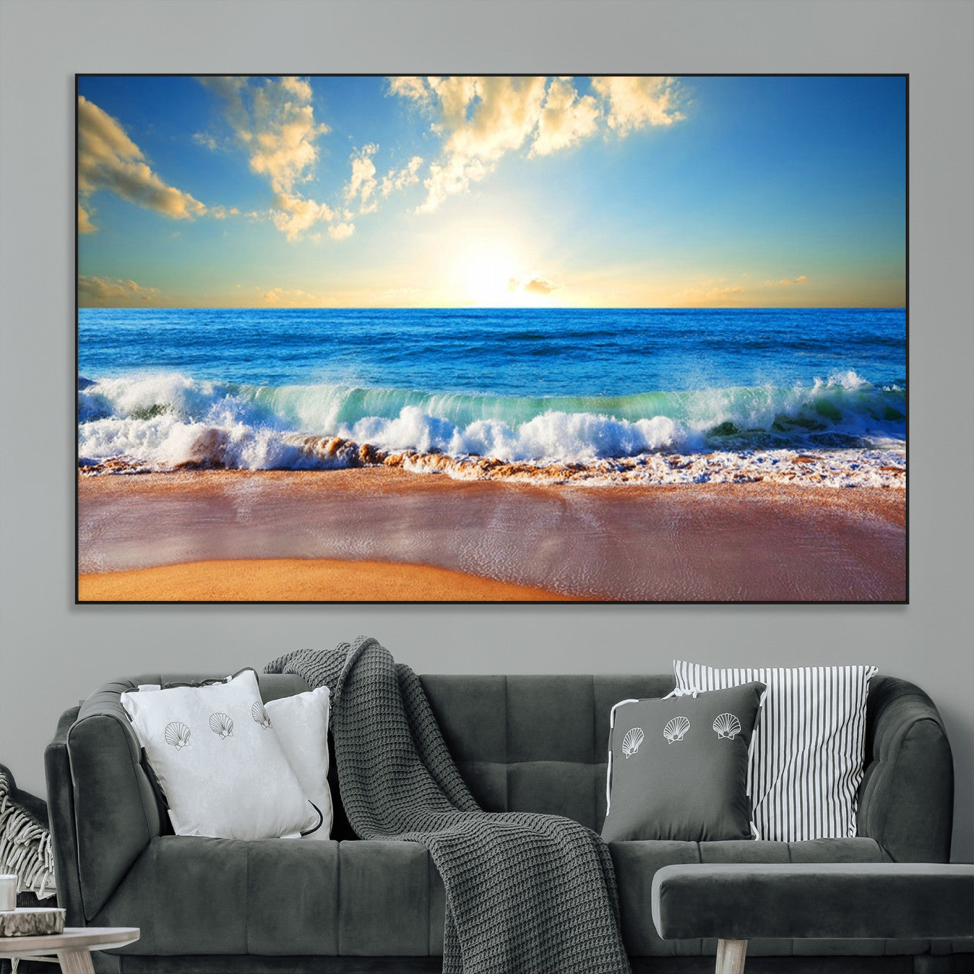 -Tropical Beach Sunset Canvas Art, Ocean Waves and Sandy Shoreline Wall Art, Large Beach Decor for