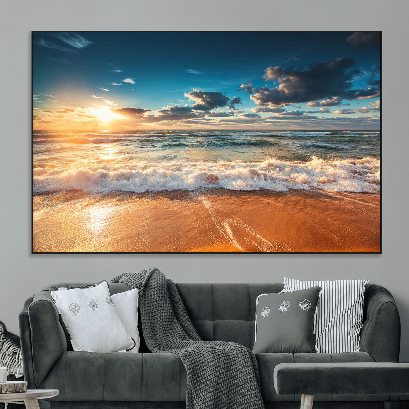 -Golden Sunset Beach Triptych Canvas Art, Giclee Coastal Wall Decor, Ocean Waves Print, Modern Beach