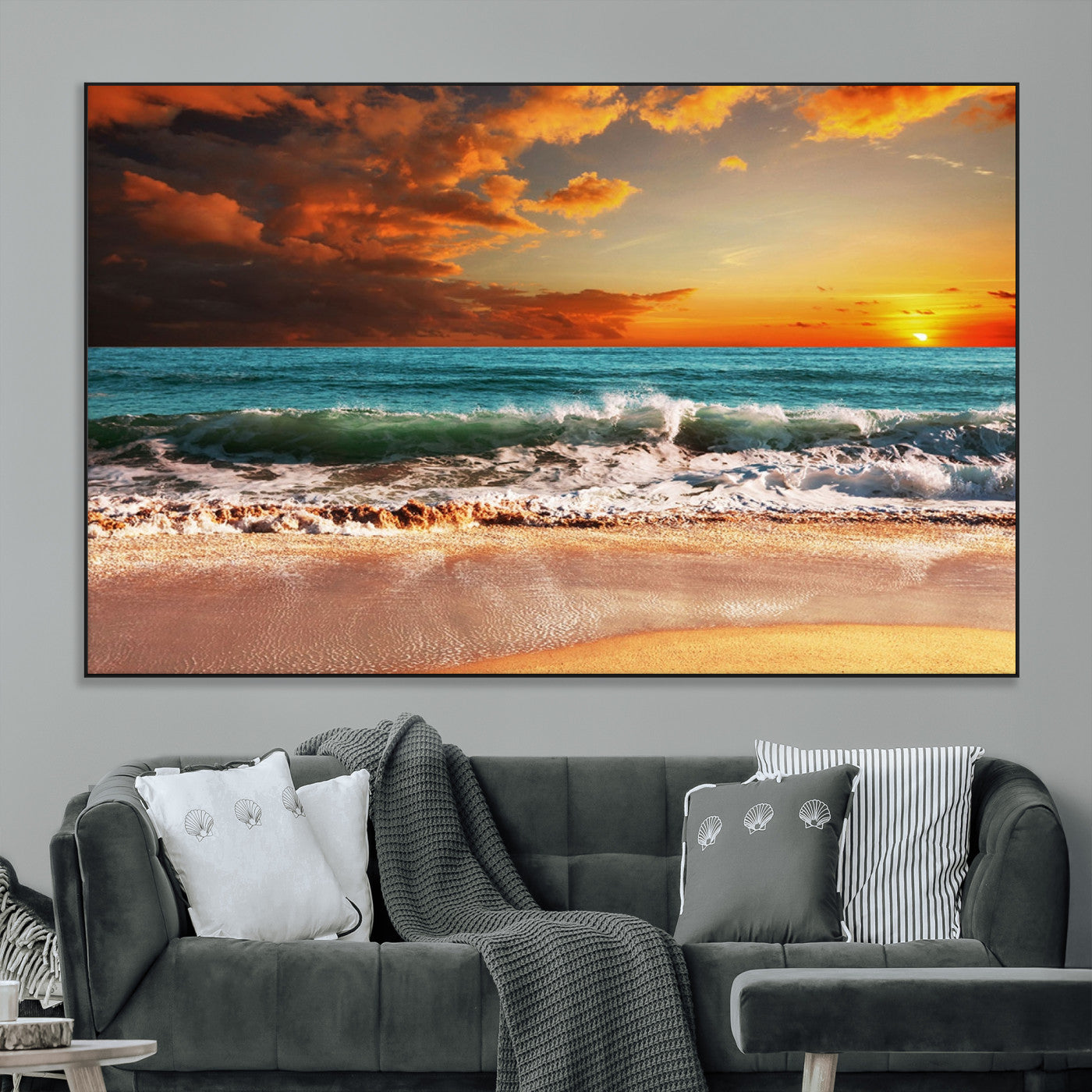 -Golden Sunset Beach Canvas Wall Art – Triptych Seascape Print – Framed and Ready to Hang for Living