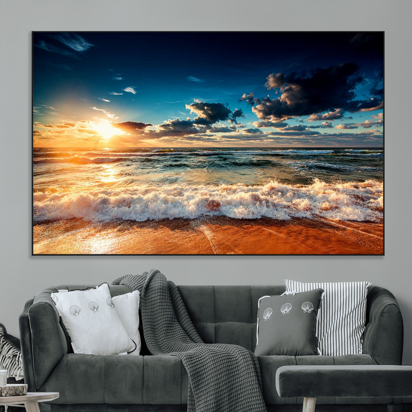 -Golden Hour Sunset Over Ocean Waves Wall Art Canvas Print | 3 Panel Coastal Landscape Canvas Wall