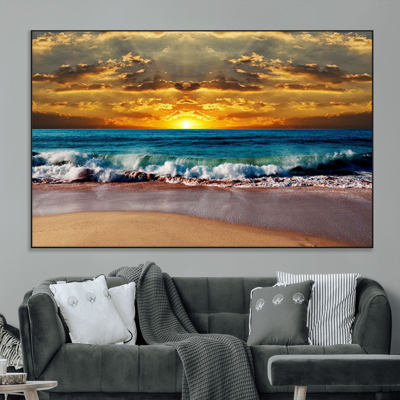 -Ocean Sunrise Over Golden Beach Waves, Giclee Canvas Wall Art Set, High-Quality Stretched Canvas