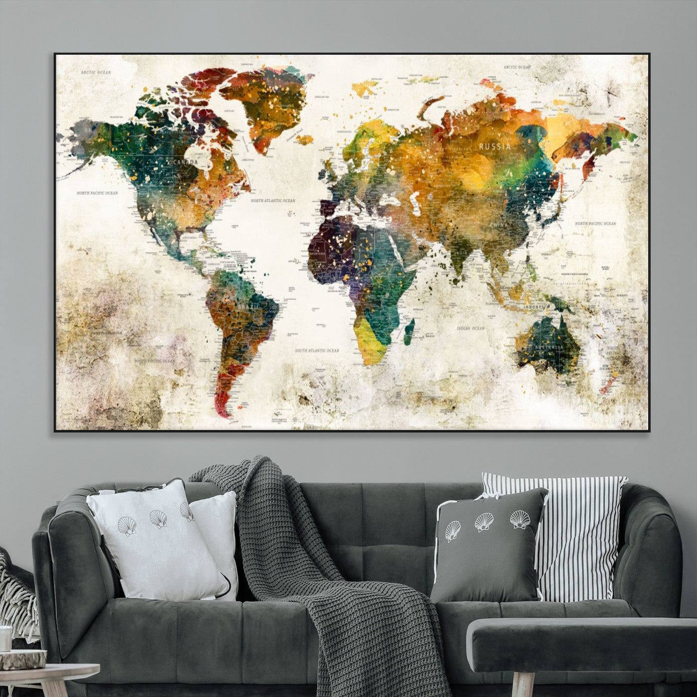 39605-MGV-CV-36X24-Vintage Watercolor World Map Canvas Wall Art – Framed Push Pin Travel Map for Home and Office Decor, Rustic Artistic World Map Artwork