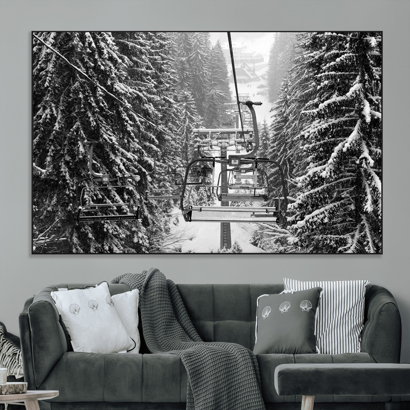 19240-MGV-CV-36X24-Winter Ski Lift Black and White Canvas Wall Art – Alpine Escape in Minimalist Style – Winter Ski