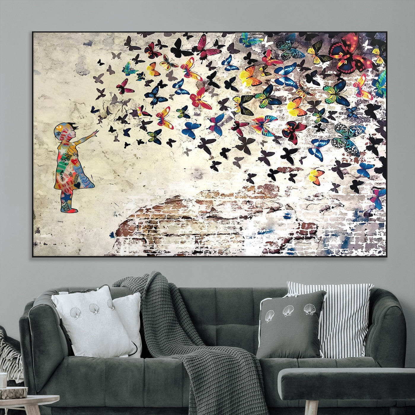65208-MGV-CV-36X24-Banksy Wall Art - Banksy Girl Butterfly Graffiti Wall Art Canvas Print - Butterfly Girl and Freedom