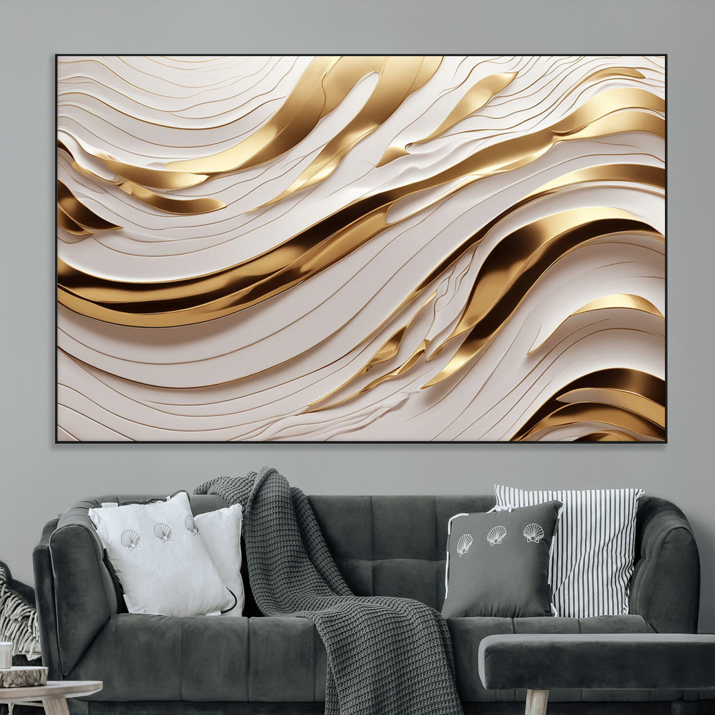 81197-MGV-CV-36X24-Gold and White Abstract Wave Canvas – Elegant Flowing Design with Luxurious Golden Accents –