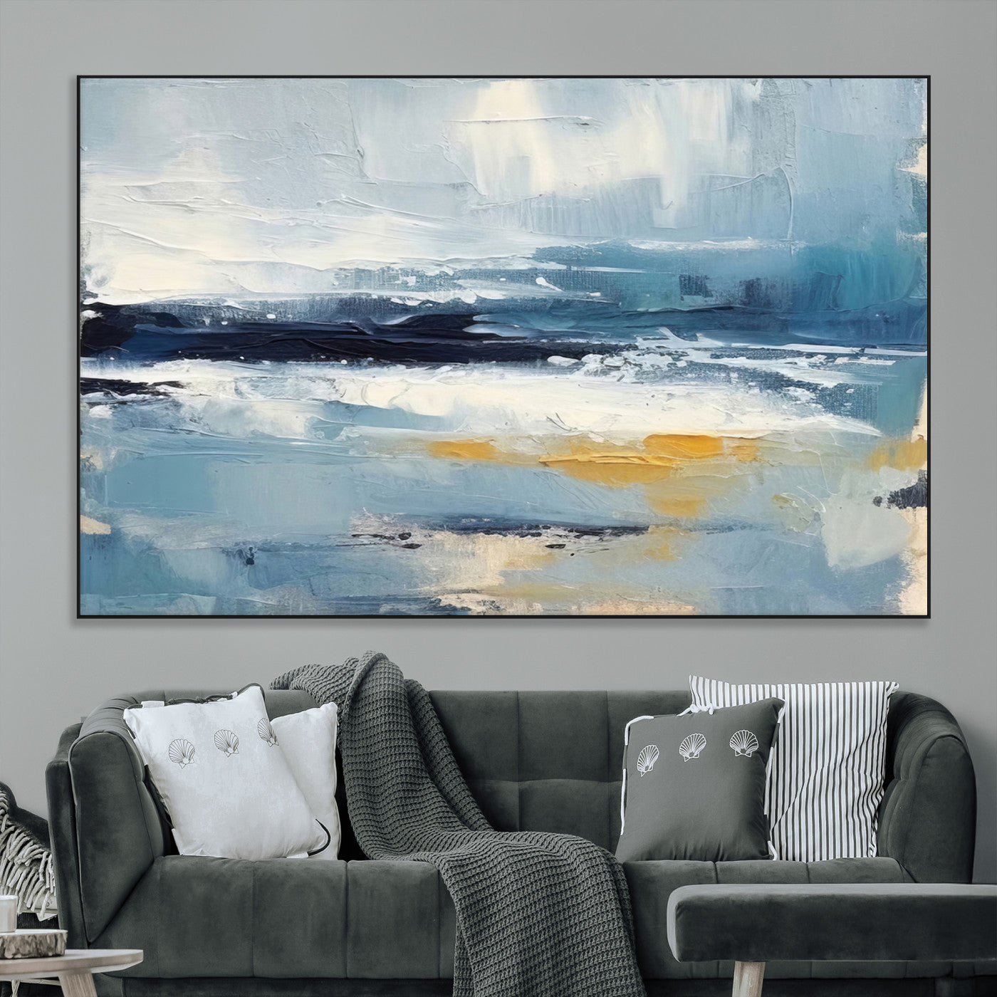 19746-MGV-CV-36X24-Abstract Ocean Canvas Wall Art - Coastal Blue and Gold Textured Painting, Modern Seascape Decor for