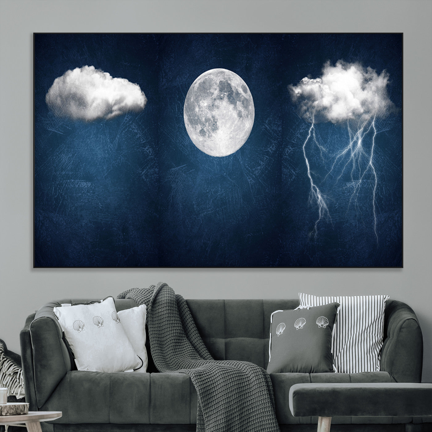 96569-MGV-CV-36X24-Dark Blue Cloud Art, 3 Piece Indigo Blue Wall Art, Aesthetic Surreal Art, Thunderstorm Moon Cloud