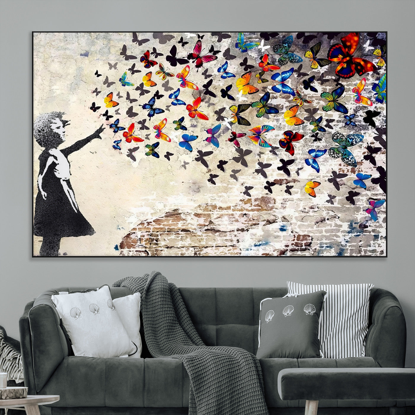 97895-MGV-CV-36X24-Banksy Graffiti Wall Art Canvas Print: Girl Releasing Vibrant Butterflies – Ready to Hang
