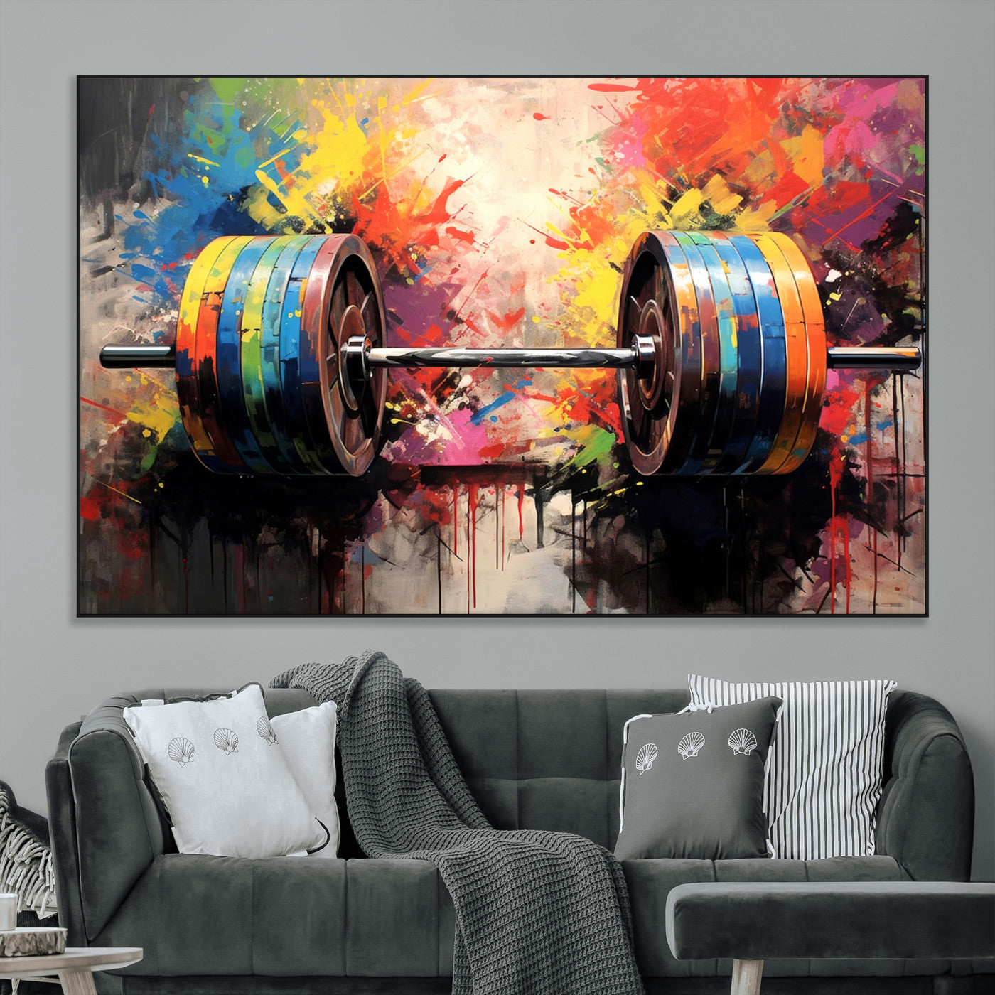 80436-MGV-CV-36X24-Weightlifting Barbell Art Triptych, Bold Abstract Fitness Wall Decor for Gym or Home, Giclee Canvas