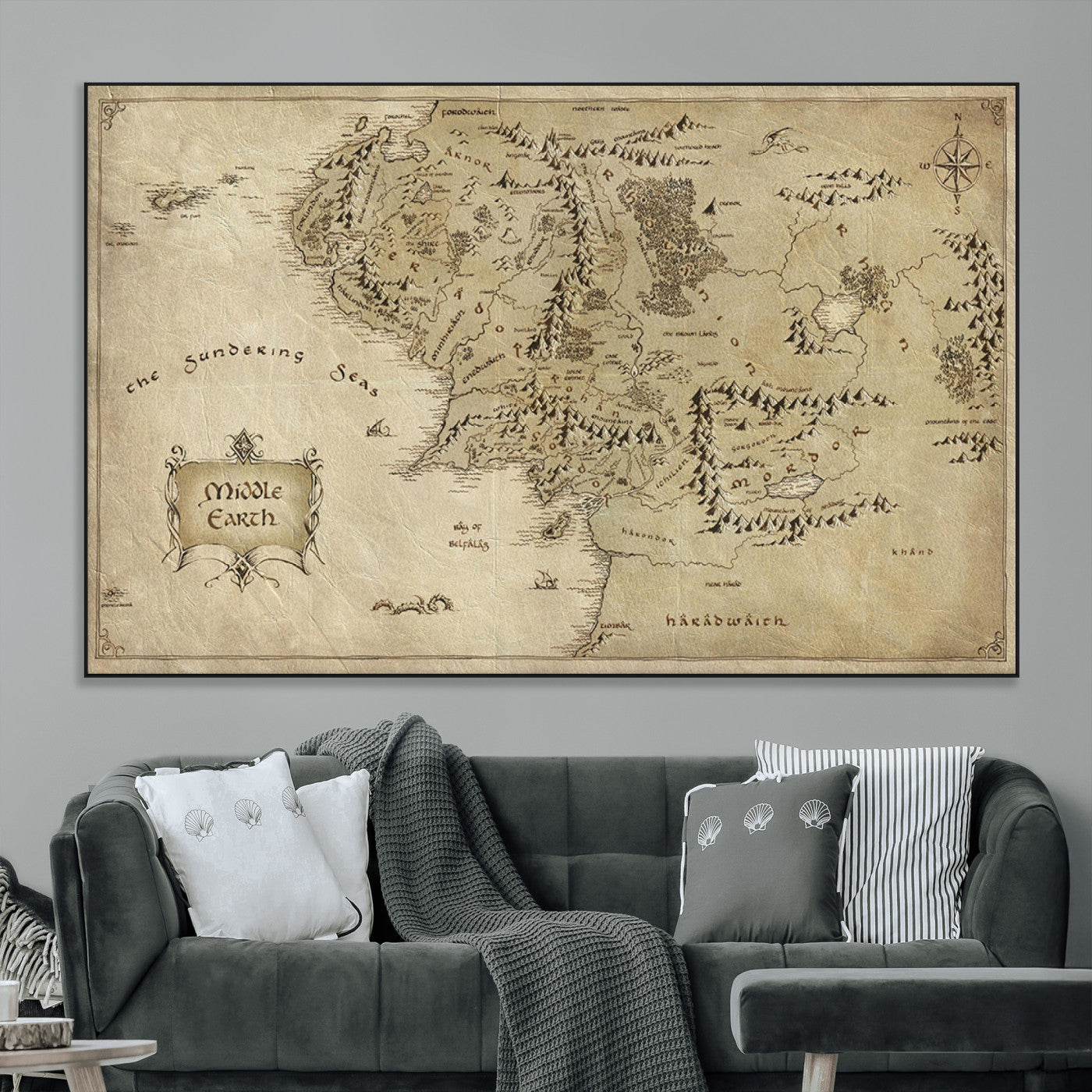 21784-MGV-CV-36X24-Vintage Middle Earth Map Wall Art Canvas – Lord of the Rings Inspired Framed Map Print, Classic Fantasy Decor for Home, Office