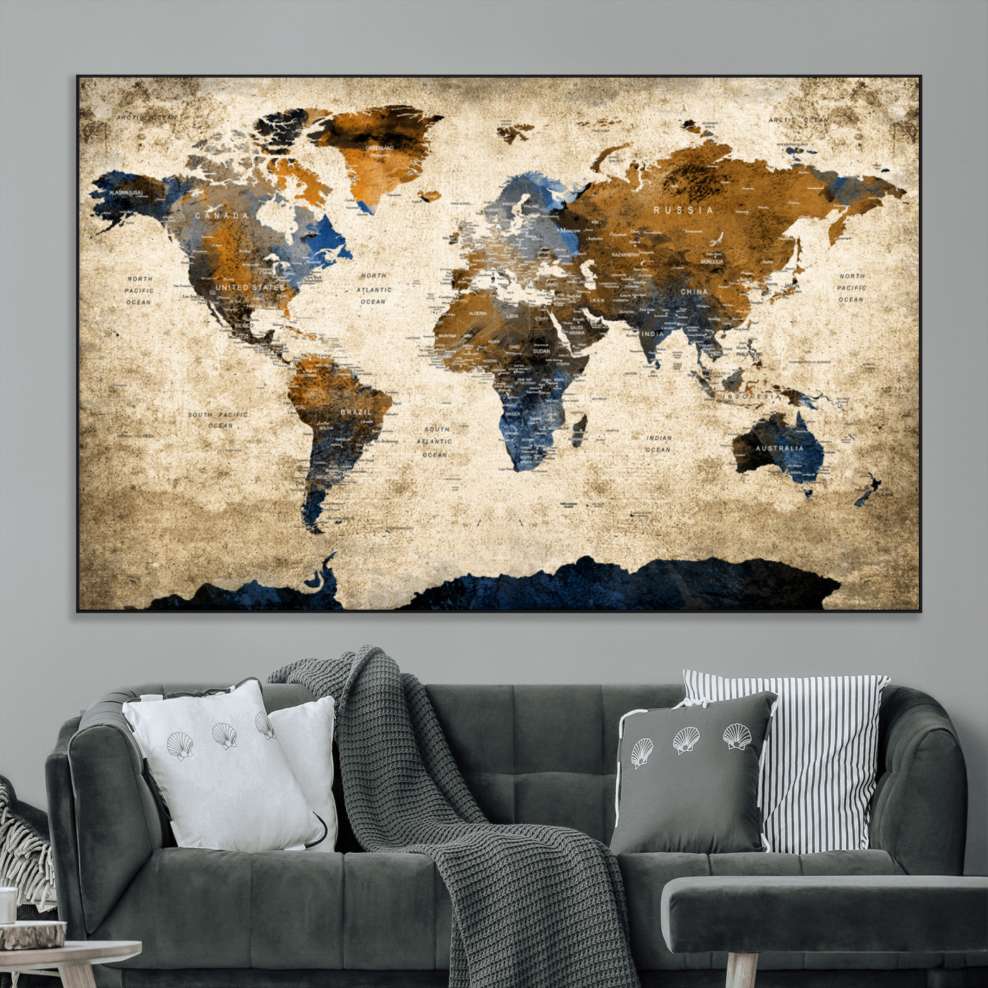 51140-MGV-CV-36X24-World Map Wall Art – Rustic Earth Tone Canvas Print, Antique Travel Map Design for Living Room, Office or Study, Classic Adventure Decor