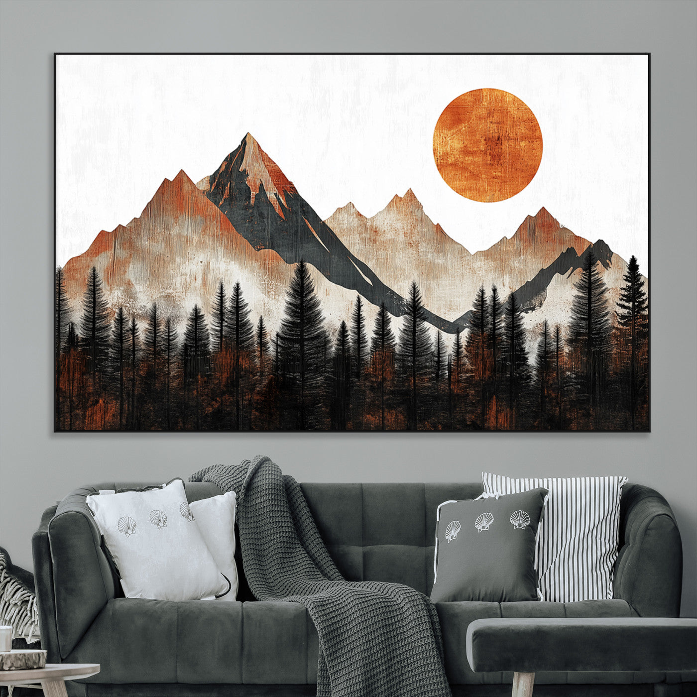 71366-MGV-CV-36X24-Modern Abstract Mountain Canvas Wall Art Print, Abstract Landscape Print, Rustic Sun and Mountains