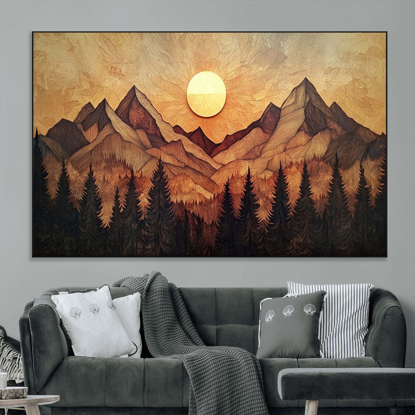 71340-MGV-CV-36X24-Wood Style Abstract Mountain Sunset Canvas Wall Art Print - Warm Earth Nature-Inspired Decor for