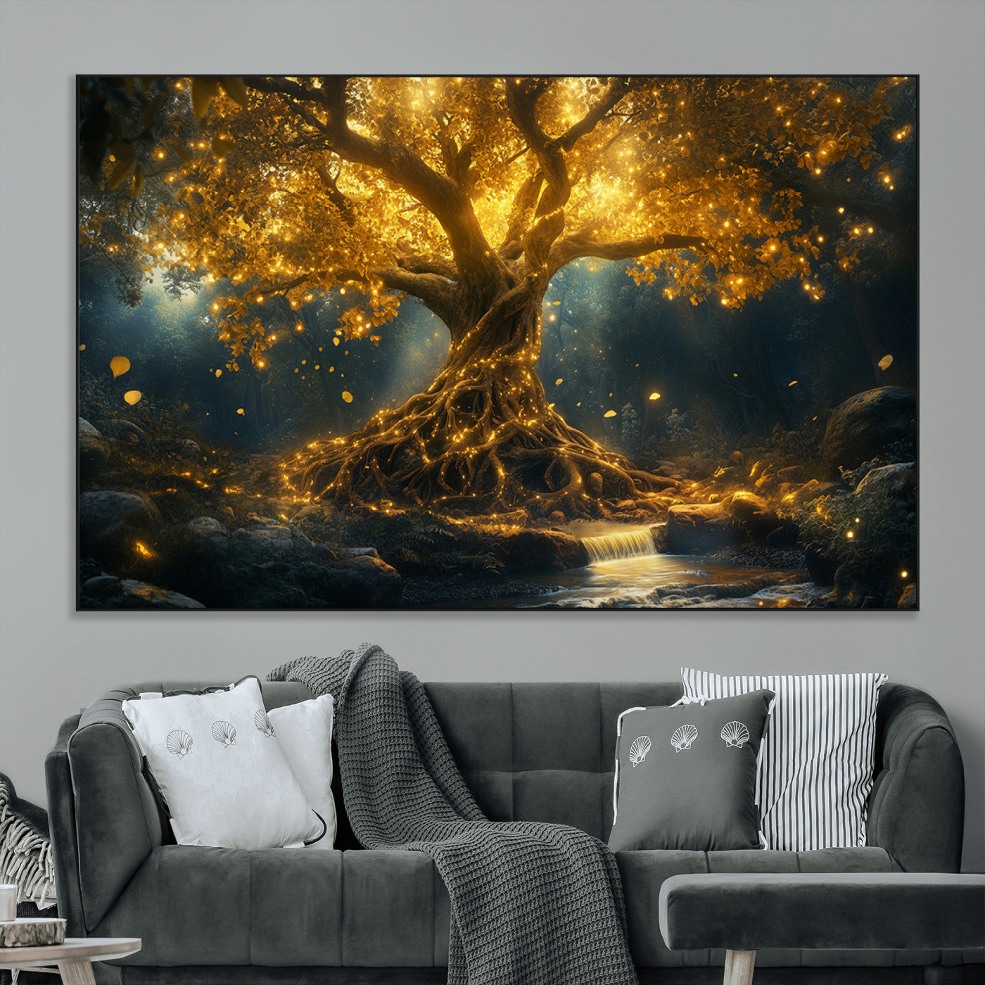 92739-MGV-CV-36X24-Golden Tree of Life Canvas Wall Art Print - Majestic Glowing Tree Wall Art Print