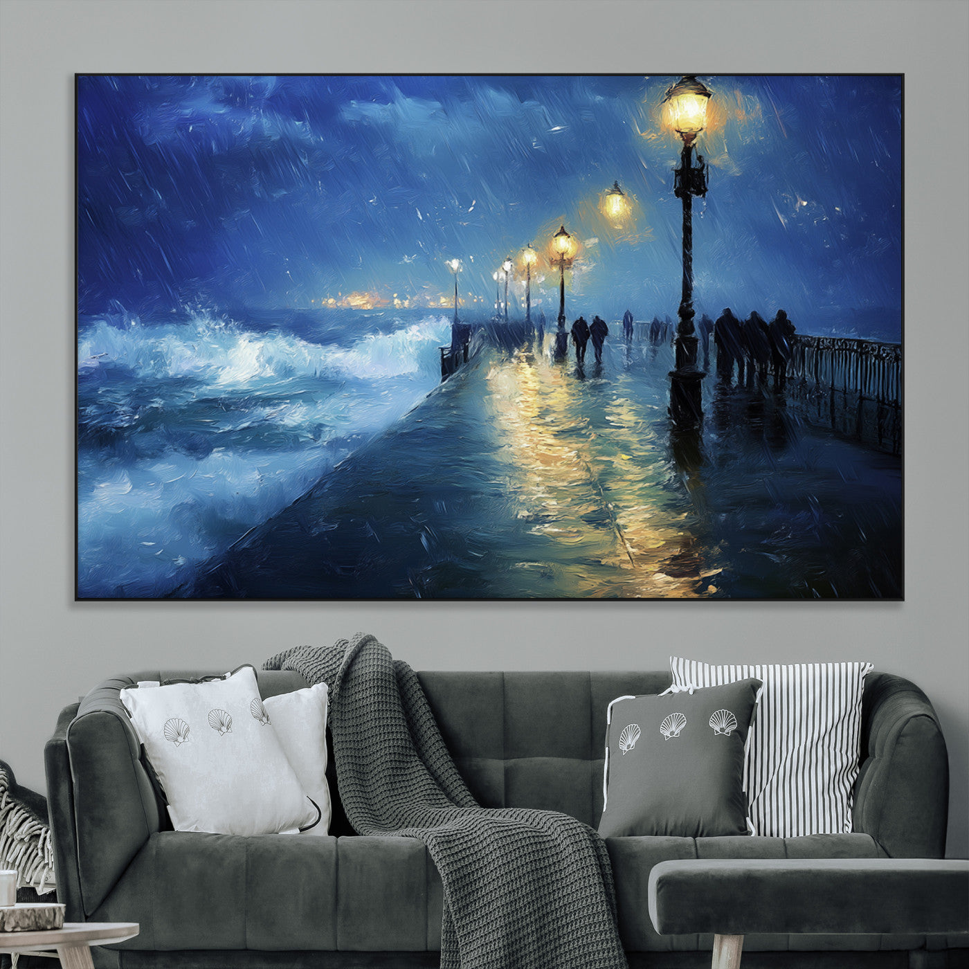 94571-MGV-CV-36X24-Storm Ocean Pier Canvas Wall Art Print - Large Moody Night Scene Print, Seaside Wall Decor