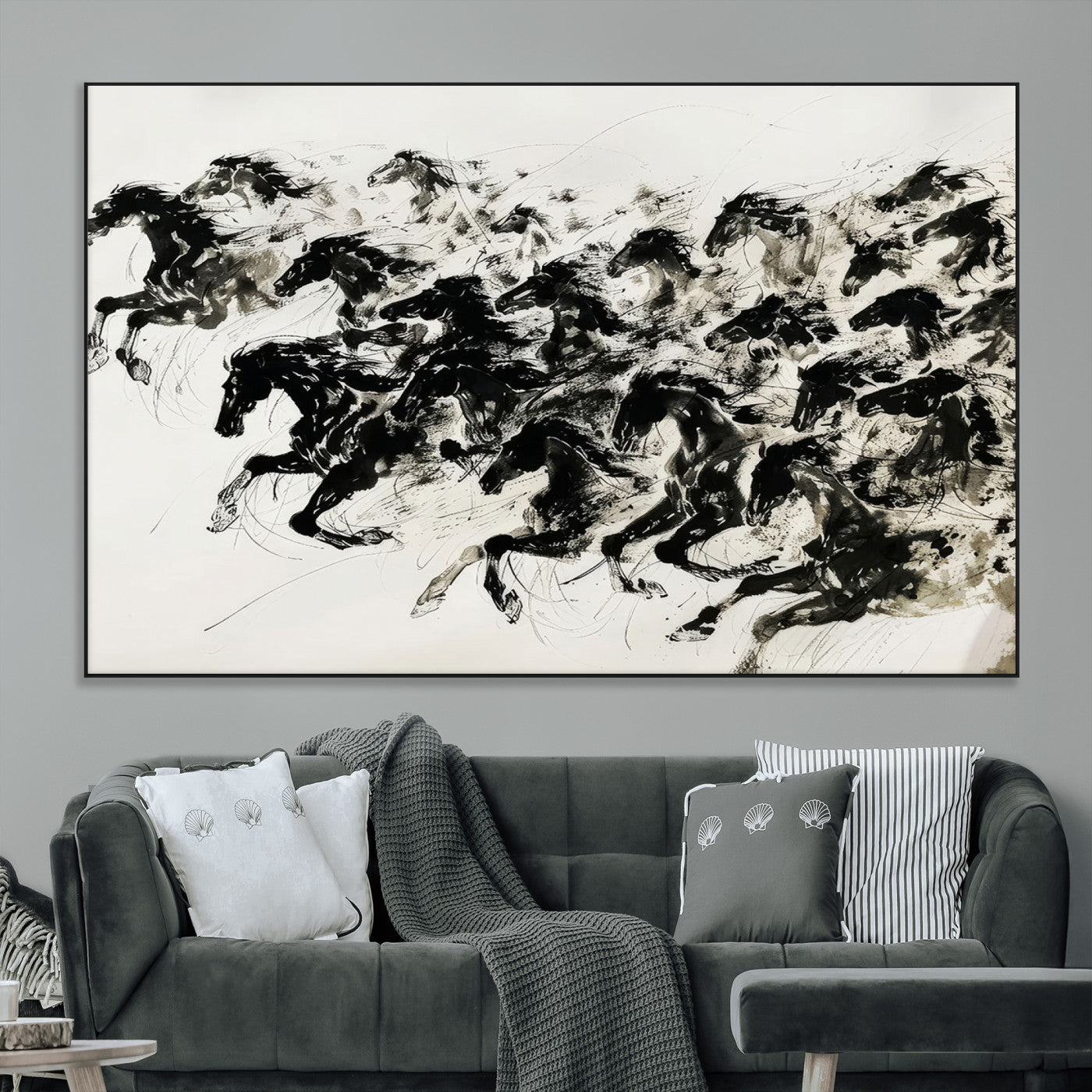 23069-MGV-CV-36X24-Abstract Horse Wall Art Canvas Print - Dynamic Black Ink Horse Print - Modern Equine Wall Decor for