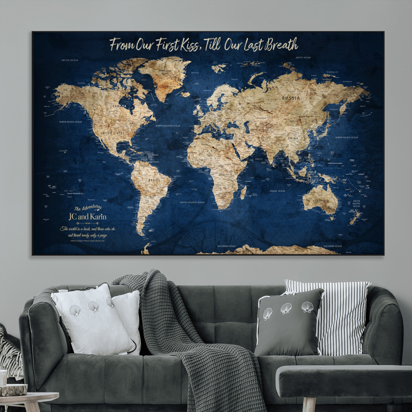 -Personalized Push Pin World Map Canvas Print – Custom Couple Travel Tracker Wall Art, Framed Anniversary Gift for Home Decor