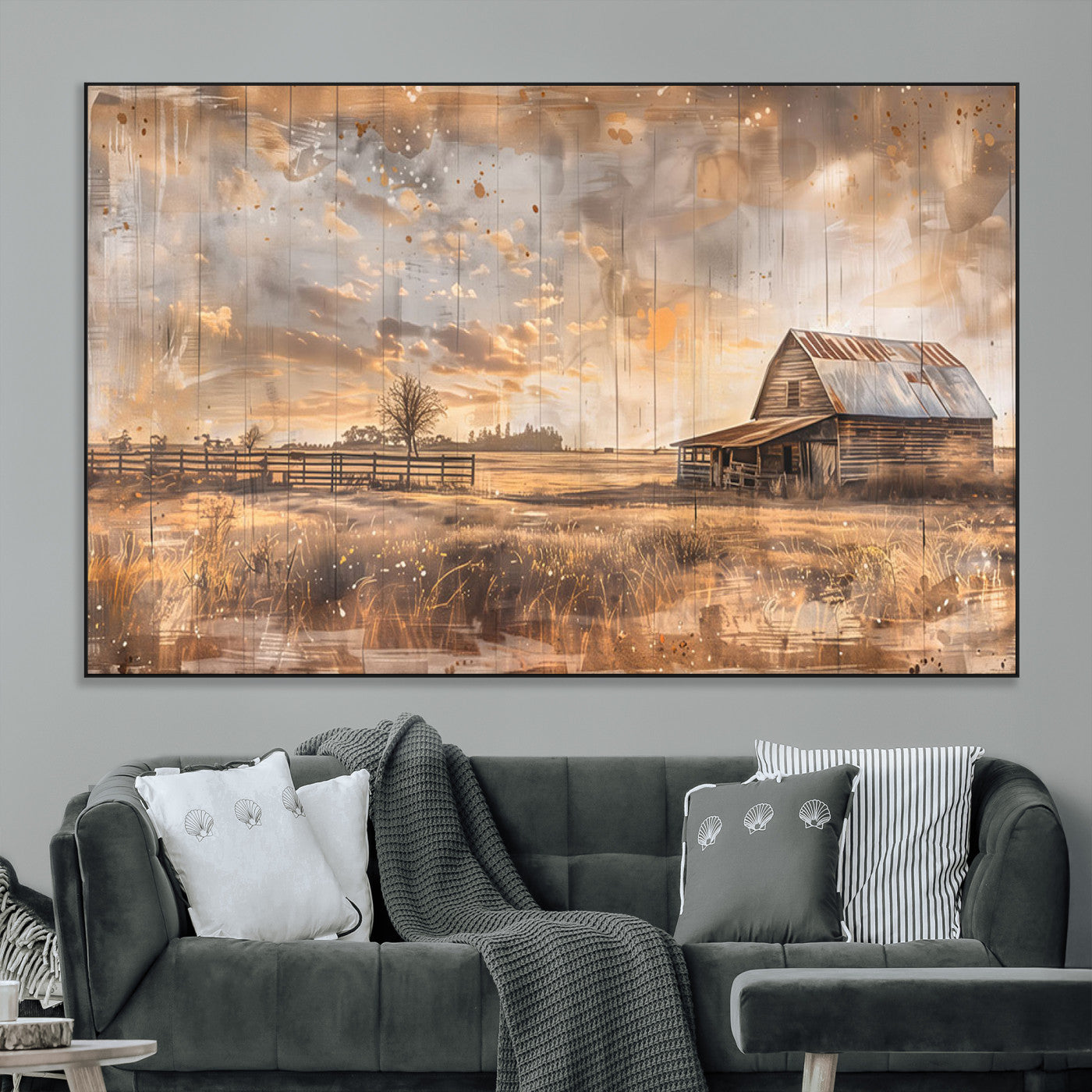 FARM2-MGV-CV-36X24-Rustic Farmhouse Wall Art Canvas Print | Barn and Field Canvas Print | Vintage Country Landscape
